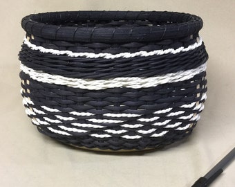 Hand Woven Oval Basket with Natural Wood Base, Black and White Colors