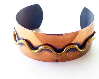 Vintage Copper Brass Modernist Cuff Bracelet, Wide Copper Cuff, Mixed Metals Cuff, Wavy Brass Copper Cuff, Copper Jewelry, The Copper Cat