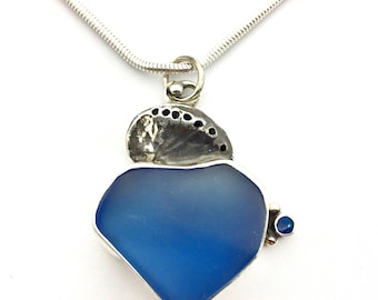 Blue Seaglass Necklace, Beach Glass Pendant with Shell and Opal, Glass Necklace