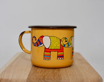 Elephant ENAMEL MUG - big, yellow - tea, coffee, hot chocolate, camping, handcrafted, retro, gift for him, gift for her, gift for children