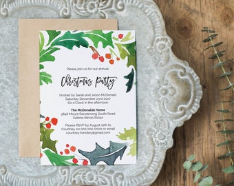 Christmas Invitation , Printable Christmas Holly Invitation Template, Instant Download Editable PDF WLP494