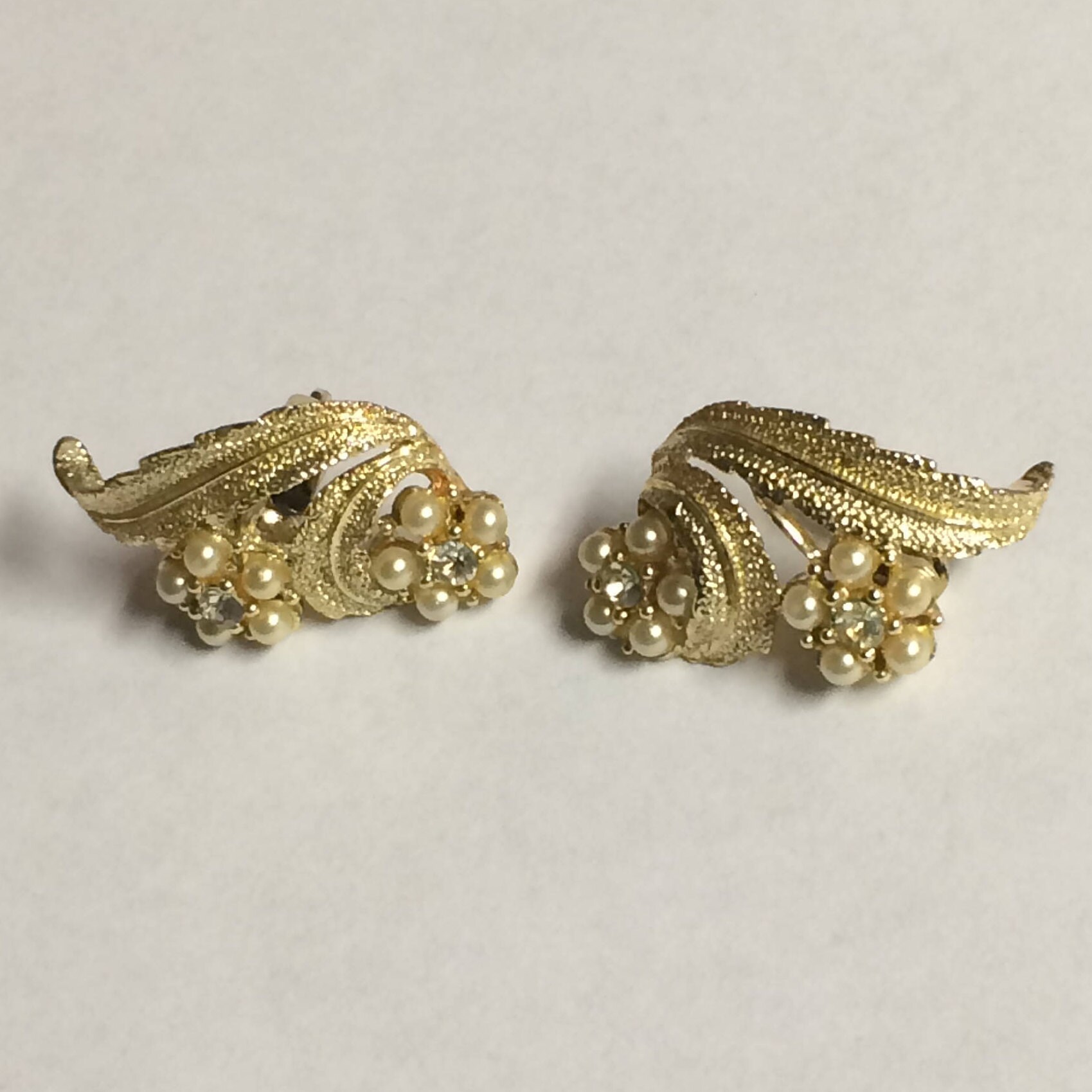Vintage Coro, Seed Pearl and Rhinestone, Gold Tone, Clip-on Earrings ...