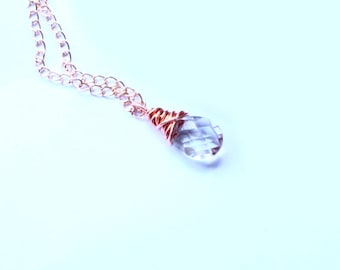 Copper Necklace Clear Bead Wire Wrapped In Copper Gift For Her