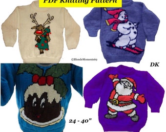 4 x Childrens & Adults Christmas Jumper Knitting Patterns #12 Rudolph Santa Snowman Pudding PDF Instant Download Xmas 24 - 40" Chest