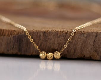 Minimal Gold Necklace, delicate 3 Beads Necklace, 14K Gold filled Necklace, Layering Necklace, Layered Gold Necklace
