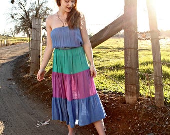 JEWEL Vintage 1970's Strapless Sundress Multi Color Dress Gauzy Cotton