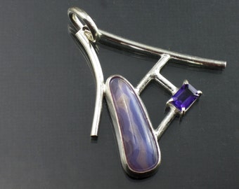 Sterling Silver Pendant Holly Blue Agate and Amethyst Pendant Asian Inspire Pendant