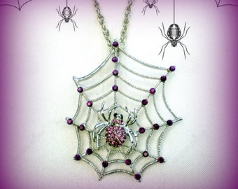 50% SALE Halloween Necklace..Halloween Jewelry..Spider Web Necklace..Purple Spider Pendant..Spider Necklace..Spider Jewelry..Witch Jewelry