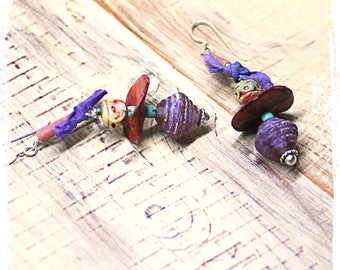 Boho dangle earrings, Rustic bohemian drop earrings, Artisan earrings, Mixed media assemblage earrings, Purple lampwork earrings,