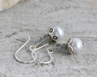 PEARL Labradorite Hill Tribe Sterling Silver Dangle Drop Earrings // Natural Gems // luluglitterbug