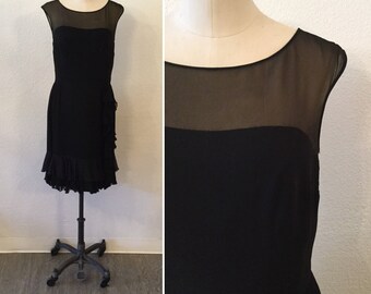 Chacha 50s dress || Vintage black chiffon ruffle dress || 1950's sleeveless dress trimmed with ruffles