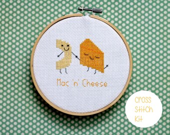 Mac 'N' Cheese cross stitch kit: - "cute mac 'n' cheese" - embroidery kit, cross stitch kit beginner, food cross stitch kit