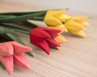 Swedish vintage wooden hand carved tulips - 1960s mid century modern Scandinavian design - modernist home decor - set of five