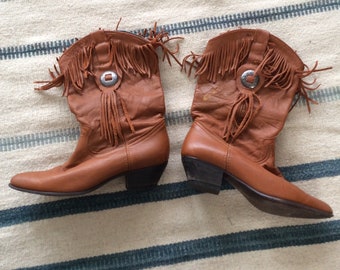 Cognac Fringe Acme Leather Boots Ladies' 8.5