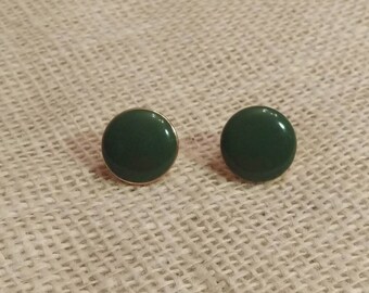 Vintage Clip On Earrings dark green enamel and gold tone metal. "Goldette" for unpierced ears