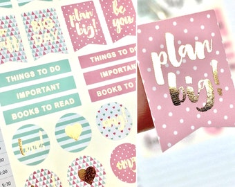 Foil Planner Stickers, Pink and Mint, Beautiful Planning, Patterned, Sticker Flags, Love Stickers, Gold Foil, Sheet of 22 Stickers