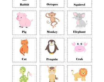 Animal Charades Game for Kids 48 hand-drawn animal pictures