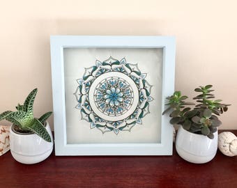 Hand drawn Blue Black White Mandala with Frame