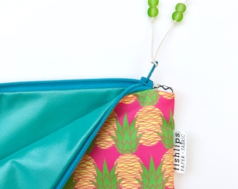 Pink Aloha Pineapples Bikini Bag, Water Resistant Wet Bag, Beach Love Zipper Pouch, Beach Bag, Handmade Gift, Diaper Mess Bag, Gift for Mom