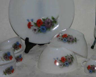 Arcopal French Flowers Plates Ramakins Oven Dish Casserol Bowls Cup and saucers Flowers Bindweed French arcopal dinnerware set 6