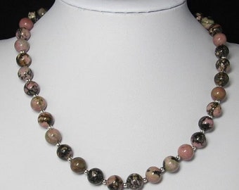 Necklace 19 inch IN Rhodonite 10mm and 925 Silver
