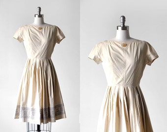 60's cream dress. pleated. 60 full dress. xxs. cotton. 1960's ivory dress. embroidered.