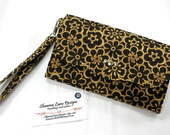 women's wallet, cell phone wallet, black tan floral print wallet, women's gift, wristlet, cell phone accessory, Shawna wallet