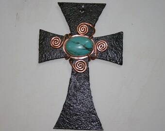 Turquoise Cross, Metal Cross, Wall Hanging Cross, Iron Cross, Home Decor