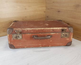 Vintage suitcase, Old suitcase, Cardboard suitcase, Brown suitcase, Travel suitcase, Vintage luggage, Big suitcase, Antique suitcase