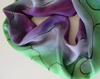 Green Silk Scarf, Hand Painted Silk Scarf, Hand Painted Green Silk Scarf, Silk Scarf, Purple Silk Scarf, Green Scarf, Purple Scarf OOAK