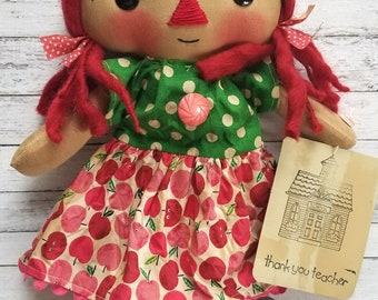 Thank You Teacher Pink Apple Annie - Primitive Raggedy Ann Doll (HAFAIR)
