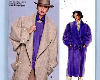 Vintage 80s Burda 6428 Womens Baggy Long Box Coat with Oversized Lapels Cuffs UNCUT Sewing Pattern Sizes 8 to 20 Bust 34 36 38 40 42 44 46
