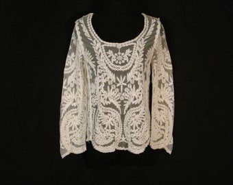 Boho Chic Hippie Ivory Lace Bell Sleeve Top Blouse SM