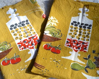 Vintage Linen Kitchen Towels - 2 Mid Century Kitchen Cooking in Yellow - Martex