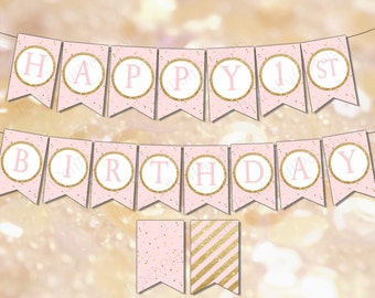 Happy birthday banner in gold with white shimmery pearl flags