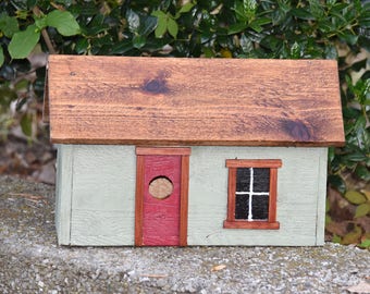 Handmade Primitive Birdhouse - Sage Green with Barn Red Door - Rustic Birdhouse - Country