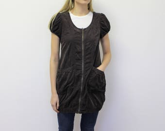 Brown Corduroy Jumper Dress Short Brown Jumper Sarafan Ziped Women's Bib Overalls Dress Small Size