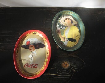 Vintage Oval Tin Coca-Cola Trays / Pair of 1973 Tin Coca-Cola Trays