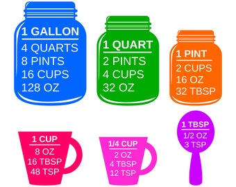 Colorful Measuring Cups SVG and Printable Kitchen Conversion Chart Clipart PDF, Measuring Cups and Spoons SVG, Kitchen svg files for Cricut