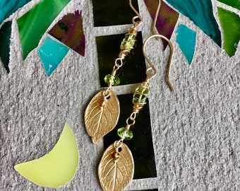 Hand Made Gemstone Earrings, Long Drop Earrings, Long Gemstone Earrings, Peridot Earrings, Gold Earrings