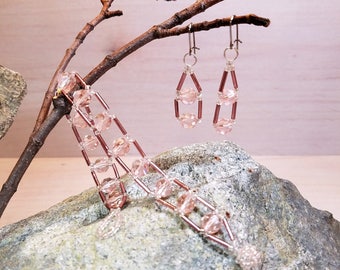 8" Two Tone Beaded Pink Crystal Bracelet and Pierced Earring Set