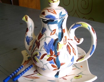 Teapot and Plate Set ceramic art with chopsticks white blue brown whimsical tea set