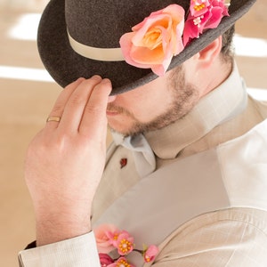 Groom hat - fedora with silk flowers - pink and grey wedding