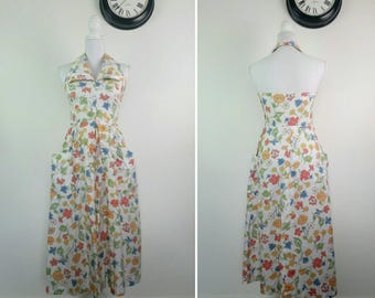 1940s Floral Cotton Sun Dress Alterneck Summer dress pockets