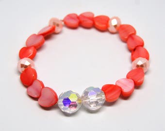 Heart Bracelet For Girls, Valentines Bracelet, Valentines Gift For Her, Stretch Bracelet, Pink Shell Bracelet, Heart Bead Bracelet, Jewelry