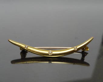 Antique Victorian 10K Gold Crescent Moon Seed Pearl Honeymoon Edwardian Brooch Pin