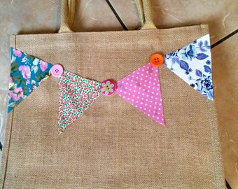 Jute bunting or buttons large shopping bag. 39cm x 35cm x 15cm