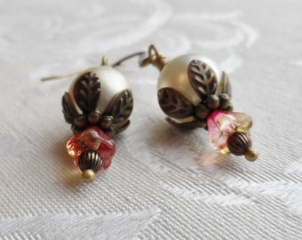 75% Off Clearance Sale, Czech Glass Earrings, Blossom, Orange-Red, Pink Golden, Pearl