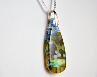 River rock pendant, fused glass pendant, pebble pendant, summer jewelry, 925 sterling silver, funky pendant, Mother's Day gift for mom