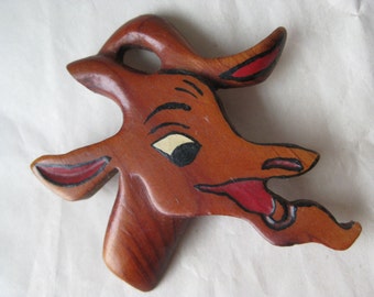 Goat Head Wood Brooch Brown Vintage Pin Billie Goat
